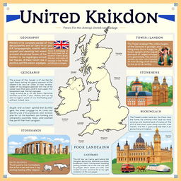 A high-quality educational poster focused on the United Kingdom, highlighting its geography, language, and famous landmarks