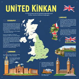 A high-quality educational poster focused on the United Kingdom, highlighting its geography, language, and famous landmarks