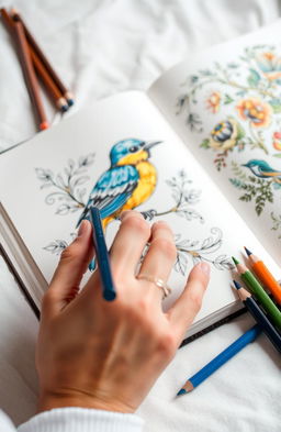A close-up shot of a hand delicately coloring in a beautifully illustrated bird in a book