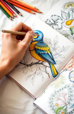 A close-up shot of a hand delicately coloring in a beautifully illustrated bird in a book