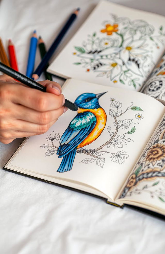 A close-up shot of a hand delicately coloring in a beautifully illustrated bird in a book