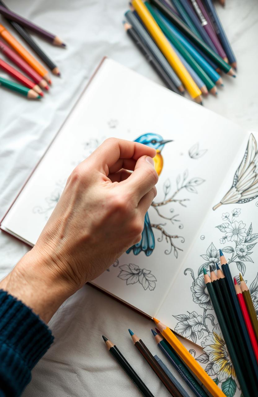 A close-up shot of a hand delicately coloring in a beautifully illustrated bird in a book