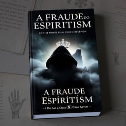 A visually striking book cover for 'A Fraude do Espiritismo - do Rei Saul a Chico Xavier', featuring a dramatic scene that symbolizes the journey of spirituality and deception