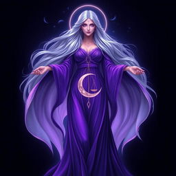 Vespera, the Goddess of Twilight and Harmony, is depicted as a tall, celestial figure enveloped in flowing robes that transition gracefully from deep purple to shimmering silver, embodying the essence of twilight