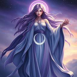 Vespera, the Goddess of Twilight and Harmony, is depicted as a tall, celestial figure enveloped in flowing robes that transition gracefully from deep purple to shimmering silver, embodying the essence of twilight