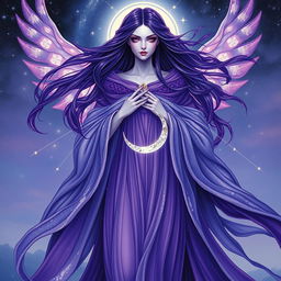 Vespera, the Goddess of Twilight and Harmony, is depicted as a tall, celestial figure enveloped in flowing robes that transition gracefully from deep purple to shimmering silver, embodying the essence of twilight