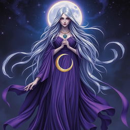 Vespera, the Goddess of Twilight and Harmony, is depicted as a tall, celestial figure enveloped in flowing robes that transition gracefully from deep purple to shimmering silver, embodying the essence of twilight