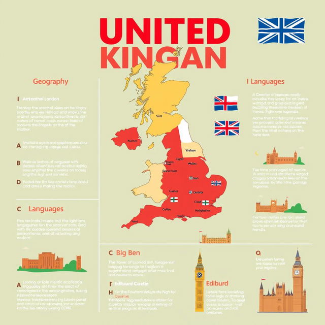 A high-quality educational poster focusing on the United Kingdom, emphasizing geography, language, and famous landmarks