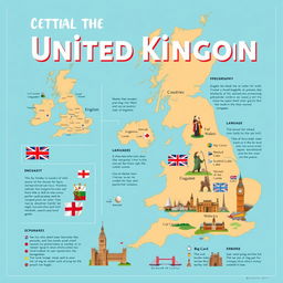 A high-quality educational poster focusing on the United Kingdom, emphasizing geography, language, and famous landmarks