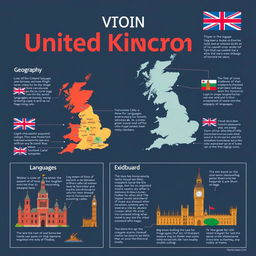 A high-quality educational poster focusing on the United Kingdom, emphasizing geography, language, and famous landmarks