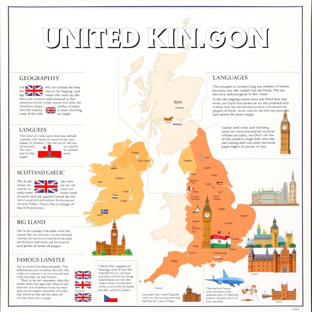 A high-quality educational poster focusing on the United Kingdom, emphasizing geography, language, and famous landmarks