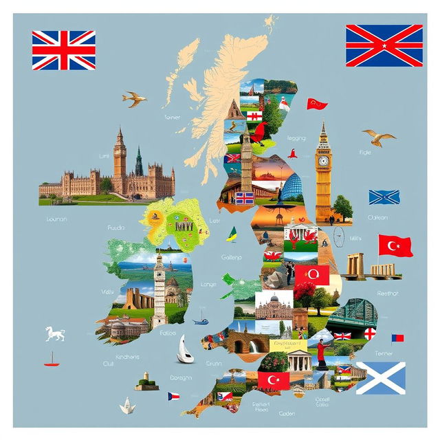 A visually rich collage highlighting the essence of the United Kingdom, with a focus on geography, language, and famous landmarks, designed entirely without any text