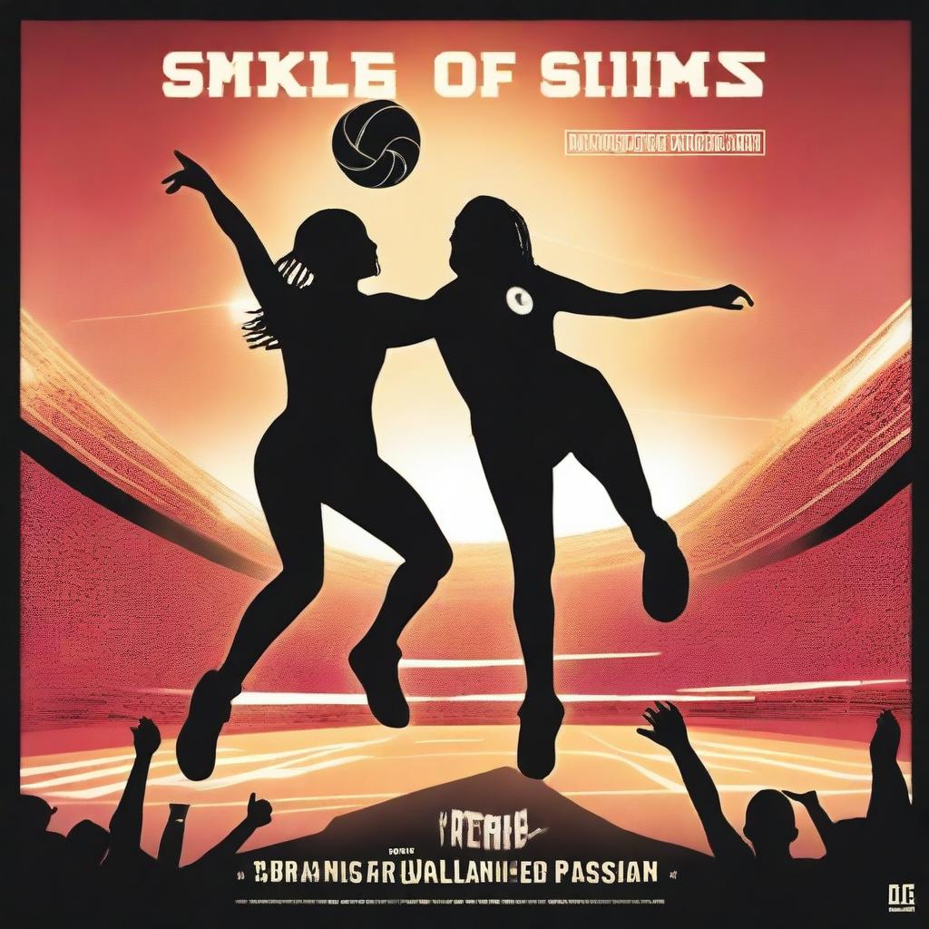 Craft a poster for 'Spike of Passion' featuring a mid-flight volleyball, silhouettes of players, impactful lighting, a determined main character, a packed stadium backdrop, the team logo, details showing competitiveness, glimpses of the plot, and bold title and tagline