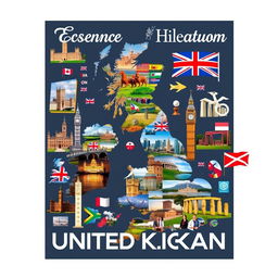 A visually rich collage highlighting the essence of the United Kingdom, with a focus on geography, language, and famous landmarks, designed entirely without any text