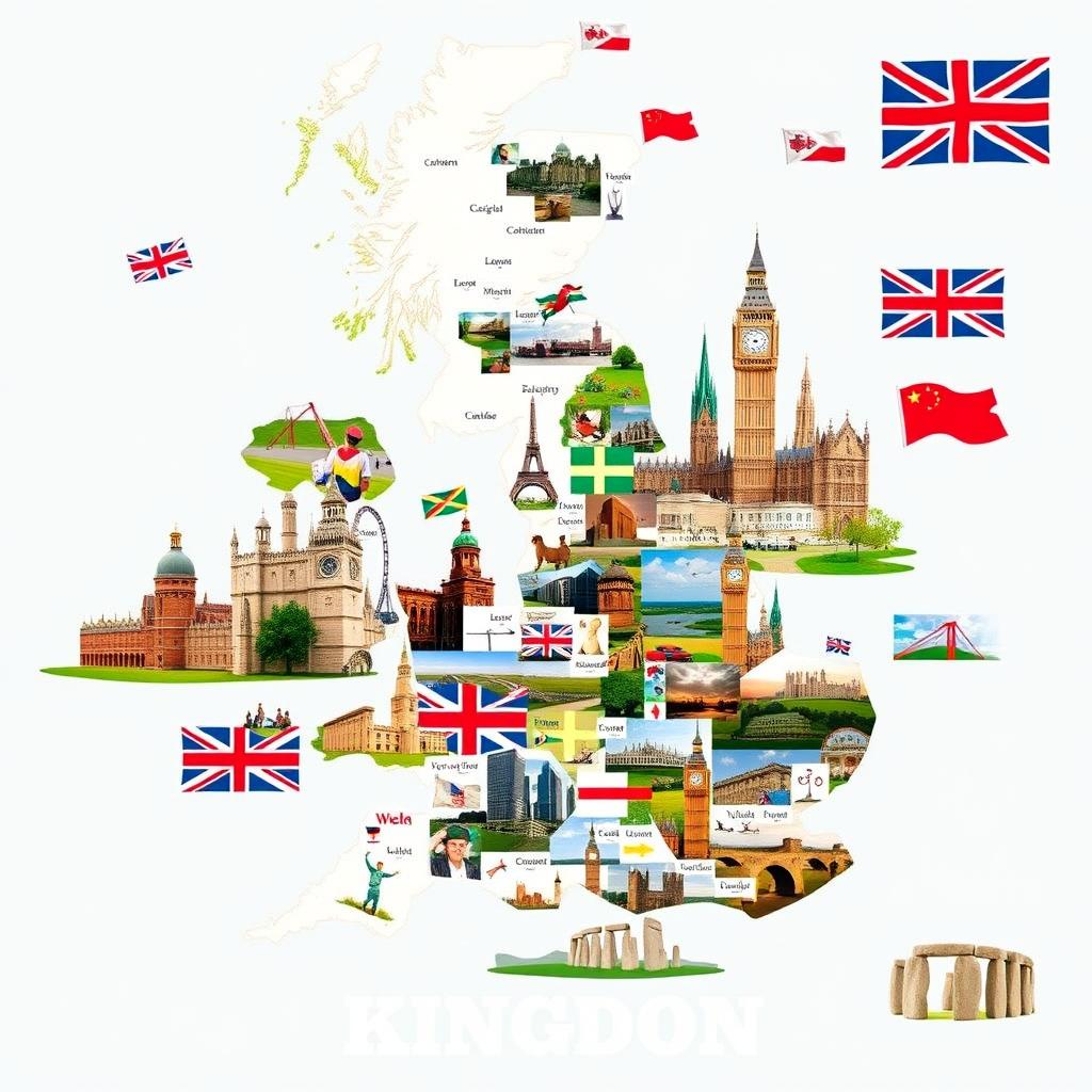 A visually rich collage highlighting the essence of the United Kingdom, with a focus on geography, language, and famous landmarks, designed entirely without any text