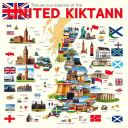 A visually rich collage highlighting the essence of the United Kingdom, with a focus on geography, language, and famous landmarks, designed entirely without any text