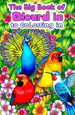 A beautifully illustrated coloring book cover featuring a variety of birds in vibrant colors, each bird depicted in unique styles and patterns