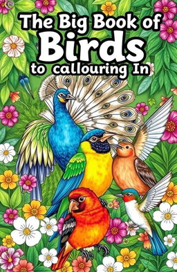 A beautifully illustrated coloring book cover featuring a variety of birds in vibrant colors, each bird depicted in unique styles and patterns