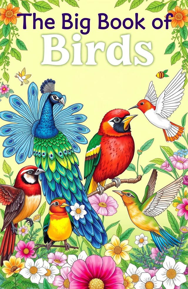 A beautifully illustrated coloring book cover featuring a variety of birds in vibrant colors, each bird depicted in unique styles and patterns