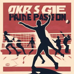 Craft a poster for 'Spike of Passion' featuring a mid-flight volleyball, silhouettes of players, impactful lighting, a determined main character, a packed stadium backdrop, the team logo, details showing competitiveness, glimpses of the plot, and bold title and tagline