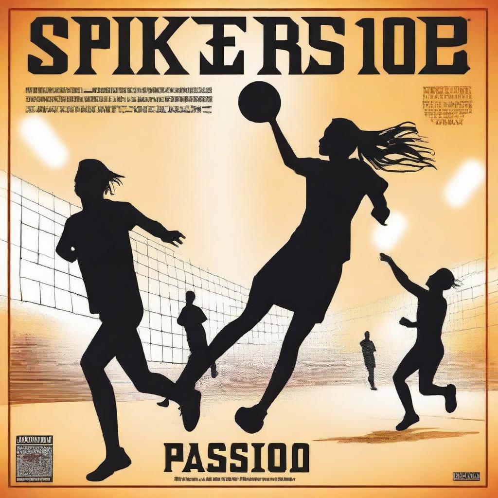 Craft a poster for 'Spike of Passion' featuring a mid-flight volleyball, silhouettes of players, impactful lighting, a determined main character, a packed stadium backdrop, the team logo, details showing competitiveness, glimpses of the plot, and bold title and tagline