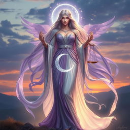 An ethereal goddess named Vespera, representing Twilight and Harmony