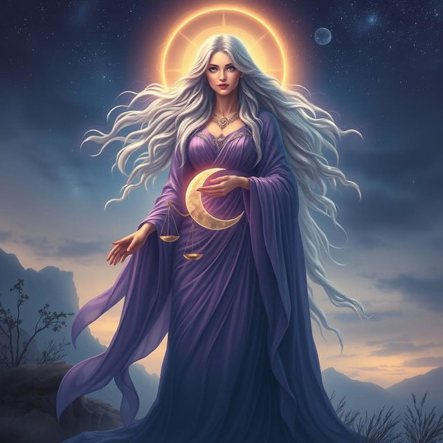 An ethereal goddess named Vespera, representing Twilight and Harmony