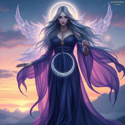 An ethereal goddess named Vespera, representing Twilight and Harmony