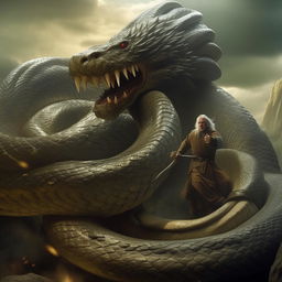 An epic scene depicting a giant snake chasing Gandalf, the legendary wizard from Middle-Earth. The snake's scales glisten menacingly as Gandalf raises his staff in defense.