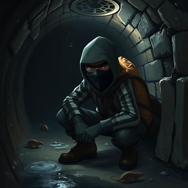 A medium-sized character dressed in thief attire, crouching in a dimly lit sewer