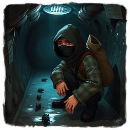 A medium-sized character dressed in thief attire, crouching in a dimly lit sewer