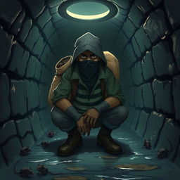 A medium-sized character dressed in thief attire, crouching in a dimly lit sewer