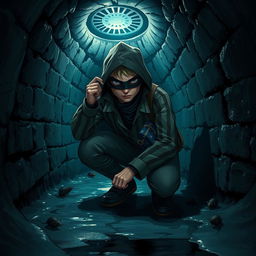 A medium-sized character dressed in thief attire, crouching in a dimly lit sewer