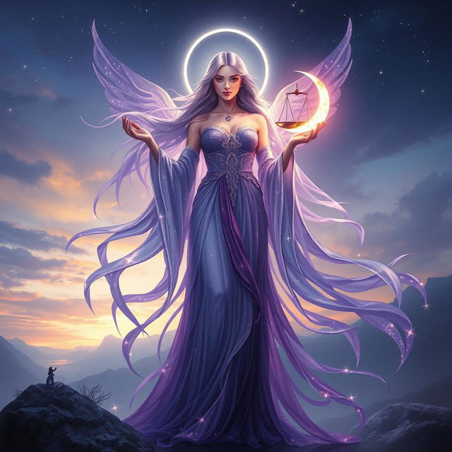 An ethereal goddess named Vespera, embodying Twilight and Harmony