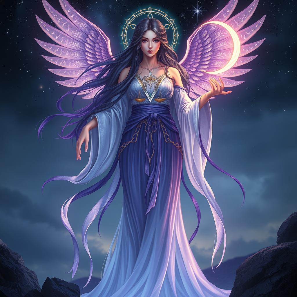 An ethereal goddess named Vespera, embodying Twilight and Harmony