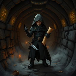 A medium-sized character dressed in all black thief attire, stealthily positioned in a dark Dungeons & Dragons-inspired sewer