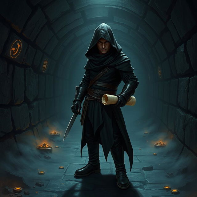 A medium-sized character dressed in all black thief attire, stealthily positioned in a dark Dungeons & Dragons-inspired sewer