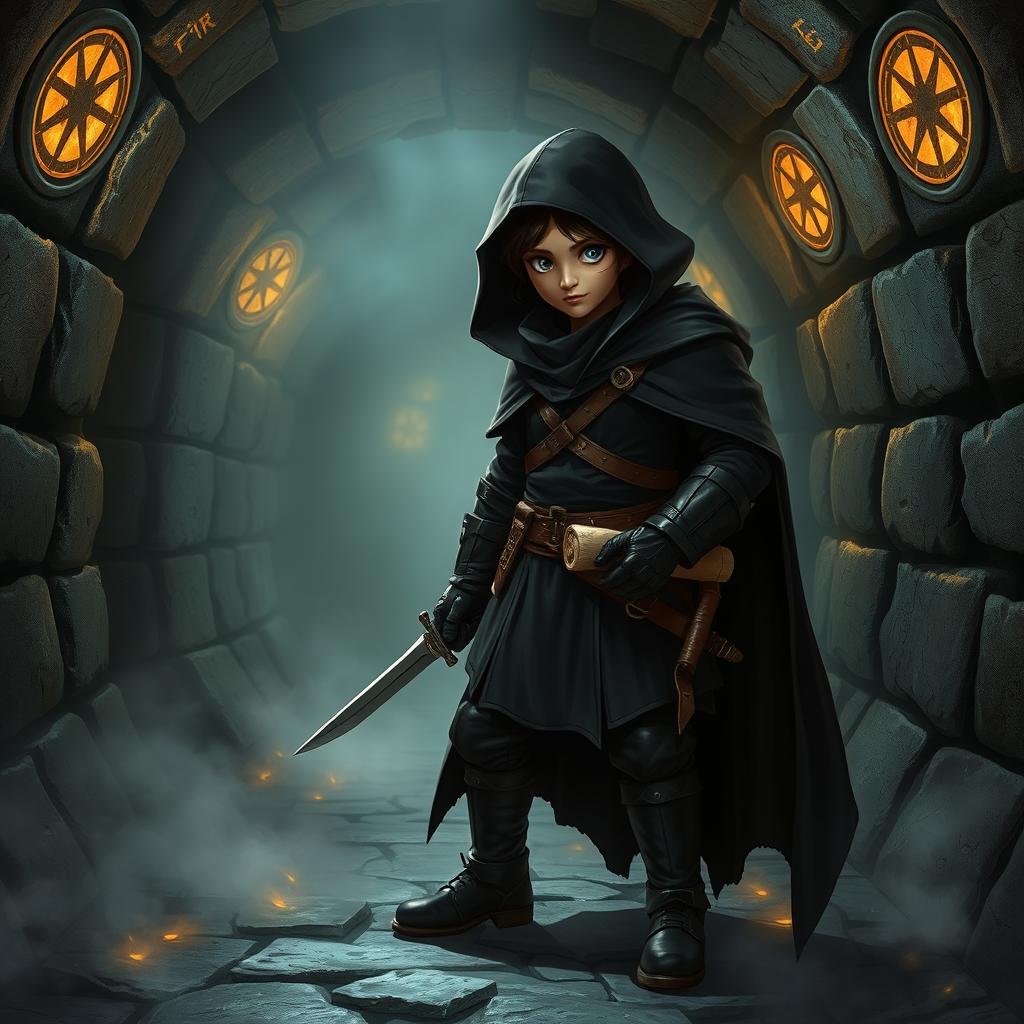 A medium-sized character dressed in all black thief attire, stealthily positioned in a dark Dungeons & Dragons-inspired sewer