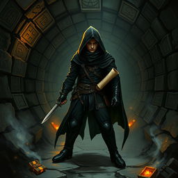 A medium-sized character dressed in all black thief attire, stealthily positioned in a dark Dungeons & Dragons-inspired sewer