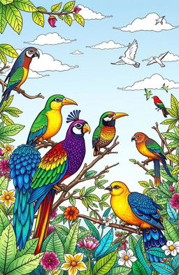 An intricate and whimsical coloring book illustration featuring a variety of beautiful birds in their natural habitats