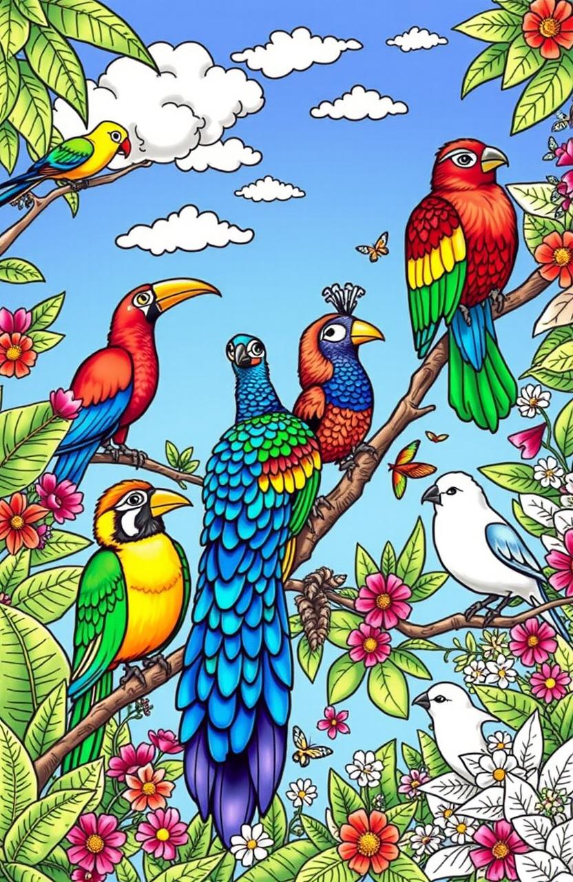 An intricate and whimsical coloring book illustration featuring a variety of beautiful birds in their natural habitats