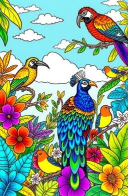 An intricate and whimsical coloring book illustration featuring a variety of beautiful birds in their natural habitats