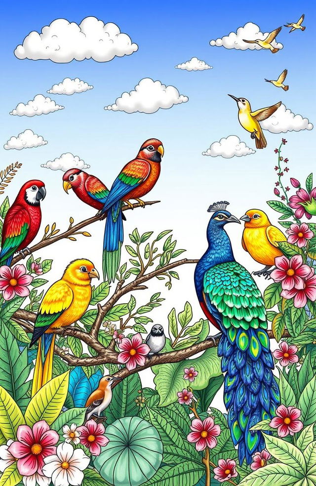 An intricate and whimsical coloring book illustration featuring a variety of beautiful birds in their natural habitats