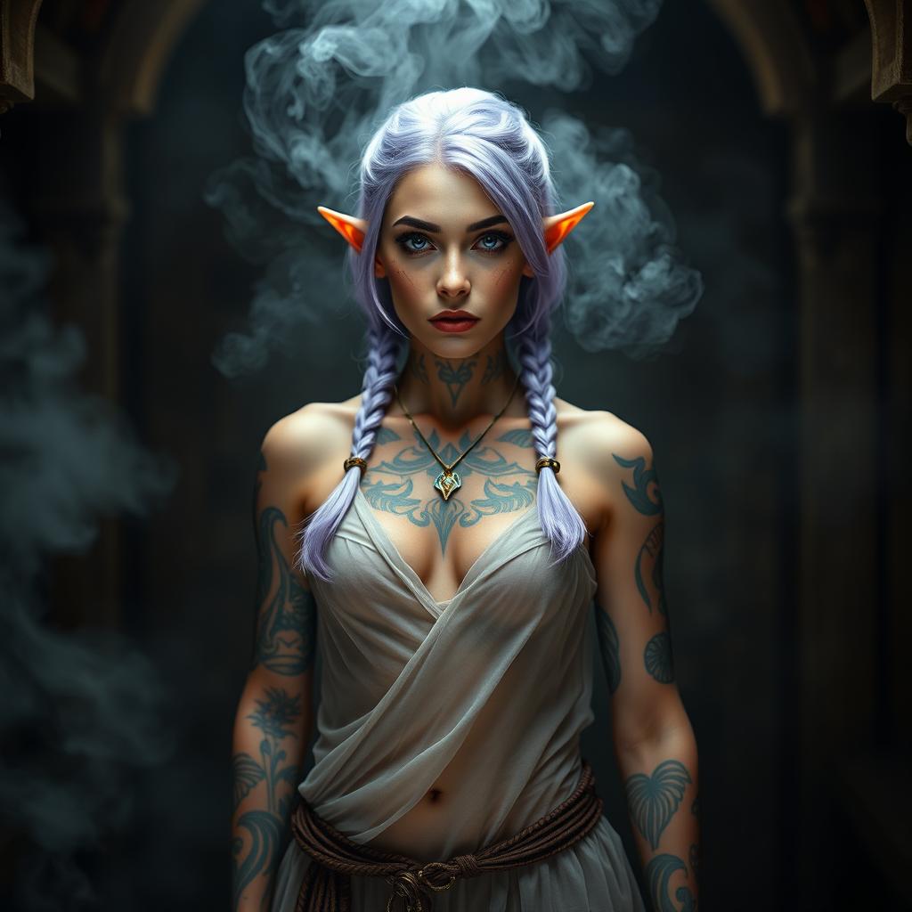 A proud 42-year-old female semi-elf with pointy ears and a fit body, adorned with light purple hair styled in two braids and enchanting purple eyes