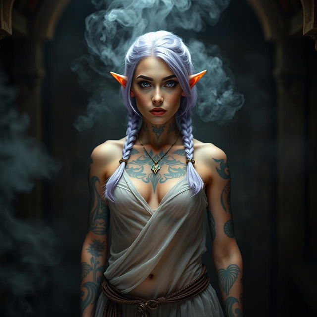 A proud 42-year-old female semi-elf with pointy ears and a fit body, adorned with light purple hair styled in two braids and enchanting purple eyes