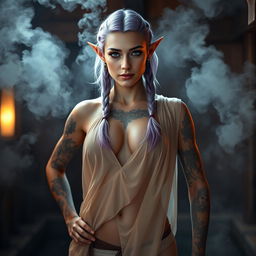 A proud 42-year-old female semi-elf with pointy ears and a fit body, adorned with light purple hair styled in two braids and enchanting purple eyes