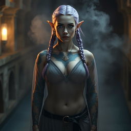 A proud 42-year-old female semi-elf with pointy ears and a fit body, adorned with light purple hair styled in two braids and enchanting purple eyes