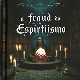A captivating book cover for 'A Fraude do Espiritismo', featuring a mysterious, dimly lit room filled with esoteric symbols and shadowy figures