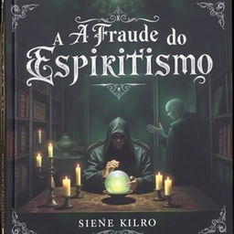 A captivating book cover for 'A Fraude do Espiritismo', featuring a mysterious, dimly lit room filled with esoteric symbols and shadowy figures