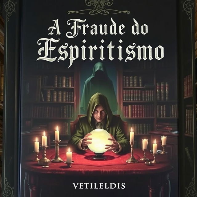 A captivating book cover for 'A Fraude do Espiritismo', featuring a mysterious, dimly lit room filled with esoteric symbols and shadowy figures